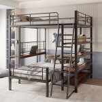 Lit superpos 140x200cm lit enfant 2 places avec chelle et plusieurs tagres, en mtal, noir, sans ...