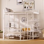 Lit superpos 90x200cm lit enfant 2 places avec chelle et plusieurs tagres, en mtal, blanc, sans ...