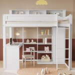 Lit mezzanine 90x200 cm lit enfant avec table, armoire, grille antichute, tagres et chelle, en pin ...