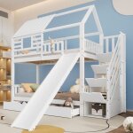 Lit superpos� avec toboggan, lit enfant 90x200 cm, escalier avec rangement, cadre en pin et mdf, avec ...