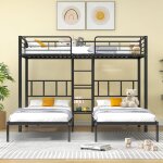 Lit superposé 3 couchages 90 x 200 cm pour enfants et adolescents avec barrière de protection, noir Lit superposé 3 couchages 90 x 200 cm pour enfants et adolescents avec barrière de protection, noir