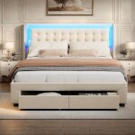 Lit tapiss� 140 x 190 cm, �clairage led, lit double avec coffre hydraulique, avec tiroirs, cadre de lit ...