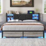 Lit tapiss� 140 x 200 cm, 2 tiroirs, led et usb, lit adulte, lit ado, t�te de lit rangement, lit coffre, ...