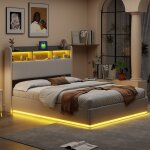 Lit tapiss�, 140 x 200 cm, lit double en velours avec t�te de lit de rangement, port usb et lumi�re led, ...