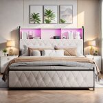 Lit tapiss� 160 x 200 cm avec 4 tiroirs, lit double, avec led et usb, avec t�te de lit rangement, convient ...