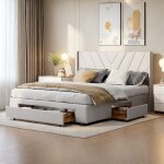 Lit tapiss� 160 x 200 cm, lit double, avec 3 tiroirs en bois, cadre de lit coffre, avec sommier � lattes ...