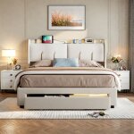 Lit tapiss� 160 x 200 cm, lit tiroir, t�te de lit avec led, port de charge usb, lit double, lit adulte, ...