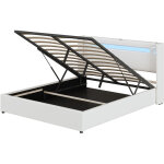 Lit tapissier 160x200 cm, avec �clairage led, rangement, pu cuir, blanc