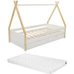 Lit tipi 90 x 190 cm avec tiroirs - pin et mdf - coloris : blanc et naturel + matelas - luanco