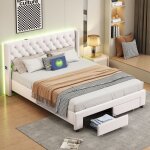 Lit avec tiroirs 140x190 cm, avec bande lumineuse led intgre et ports usb, dtails clouts, 2 tiroirs, ...
