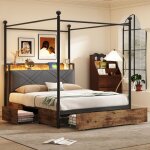 Lit avec tiroirs 140x190 cm multifonction en m�tal, 2 place, lit double avec rangement, baldaquin en ...