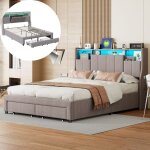 Lit avec tiroirs 160x200 cm, lit rembourr� avec espace de rangement, table de chevet et poches lat�rales, ...