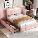 Tanant - lit avec tiroirs 90 x 200 cm - tissu lin, tte de lit rglable en hauteur, 2 tiroirs, clairage ...