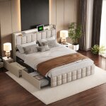 Lit tiroir, lit adulte 140x200 cm, lit double capitonn, lit adulte avec led et 4 tiroirs, lit rembourr ...