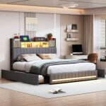 Lit tiroirs avec led, lit 140x200 avec tiroirs, lit adulte 140x200 cm, lit capitonne avec sommier  lattes, ...