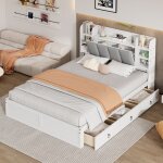 Modfu - lit avec tiroirs, pin et mdf, lit double adulte avec 3 tiroirs, tte de lit avec rangement, blanc ...