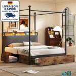 Lit avec tiroirs140x190 - lit 140x190 - montants de lit amovibles / led intgr et port de chargement ...