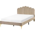Lit en velours 120 x 200 cm t�te de lit en forme de coquillage pieds en m�tal sommier � lattes taupe ...