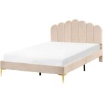 Lit en velours 140 x 200 cm t�te de lit en forme de coquillage pieds en m�tal sommier � lattes beige ...