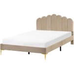 Lit en velours 140 x 200 cm t�te de lit en forme de coquillage pieds en m�tal sommier � lattes taupe ...