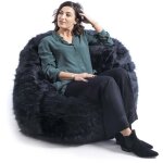 Livedeco - pouf fauteuil rond xl int�rieur en fourrure poil long noir, d�houssable, pour salon, chambre ...