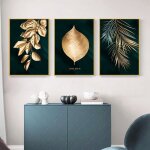 Lot de 3 peintures sur toile reprsentant un arbre forestier et des feuilles de palmier dores, dcoration ...