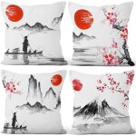 45x45cm lot de 4 japonais housse de coussin rouge soleil noir et blanc paysage mont fuji lin de coussincarr ...