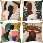 Boho housses de coussin 45x45 cm, lot de 4 art abstrait moderne fille feuilles soleil canap housses ...