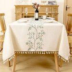 Nappe rectangulaire beige anti tache lavable nappe  pompons en coton et lin avec broderie de feuilles ...
