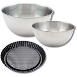 Lot avec 1 moule  tarte renverse 28 cm, 1 spatule zenker et 2 bols  mixer en inox fackelmann