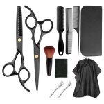 Lot de 11 accessoires de coupe / rotation, inox, ciseaux, cape, peigne, noir