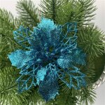 Lot de 12 fleurs artificielles en forme de poinsettia  paillettes pour sapin de nol (bleu lac, 11 cm) ...