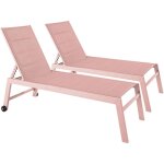 Lot de 2 bains de soleil en aluminium et textil�ne rose poudr�