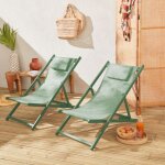 Lot de 2 bains de soleil - gaia vert - transat en aluminium gris anthracite et textilene vert avec coussin ...