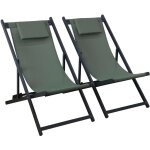 Lot de 2 bains de soleil kaki - transat en aluminium avec coussin repose tte. chilienne