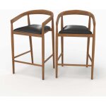 Lot de 2 chaises de bar 77 cm en teck vernis et assise en cuir noir - bali