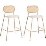 Lot de 2 chaises de bar en m�tal dossier en rotin rembourr�s tabourets de comptoir bois clair adaver