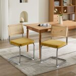Lot de 2 chaises moyen si�cle ? velours et cannage dor� ? dossier en rotin naturel, pi�tement chrom�, ...
