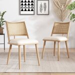 Lot de 2 chaises de salle  manger avec coussin en similicuir et dossier en rotin pe - naturel