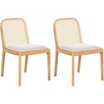 Lot de 2 chaises de salle � manger dossier en rotin tress� assise en tissu sans accoudoirs bois d'h�v�a ...