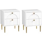 Lot de 2 chevets tables de nuit design - 2 tiroirs - pi�tement poign�e m�tal dor� blanc