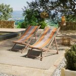 Lot de 2 chiliennes pliantes r�glables - 100% acrylique - bois h�tre - orange / bleu - canaries