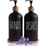 Lot de 2 distributeurs verre noir mat 500 ml + plateau, liquide vaisselle, d�co style ferme