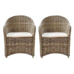 Meubletmoi - lot de 2 fauteuils en kubu naturel tress� avec coussin blanc ? maeva 2