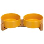 Lot de 2 gamelles orthopdiques doubles chat avec socle en bois antidrapant, en cramique, 13 cm, jaune ...