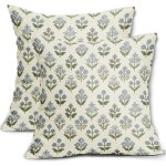 Lot de 2 housses de coussin bleu vert block print 45 x 45 cm, style floral printanier vintage, style ...