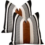 Lot de 2 housses de coussin bohme noir blanc avec cuir moderne 18 x 18 pouces taie d'oreiller  rayures ...