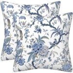 Lot de 2 housses de coussin carr�es double face bleu avec oiseaux et fleurs, 45 x 45 cm, pour canap�, ...