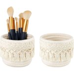 Lot de 2 mini paniers de rangement en macram� pour pinceaux de maquillage - style boh�me - ivoire