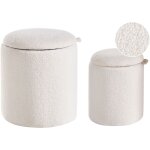 Lot de 2 poufs avec rangement en boucl� repose - pieds ronds rembourr� blanc cass� berea
